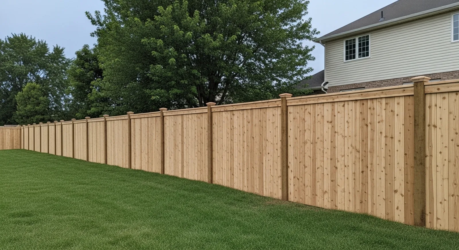 Freshly-installed cedar wood privacy fence at golden hour in a South Jersey backyard